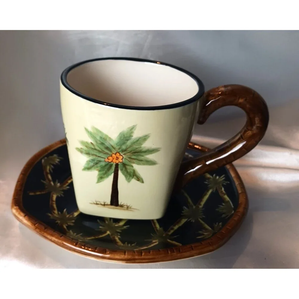 PACIFIC RIM BLACK PALM HAND PAINTED SQUARE BOTTOM CUP and SAUCER-NEW